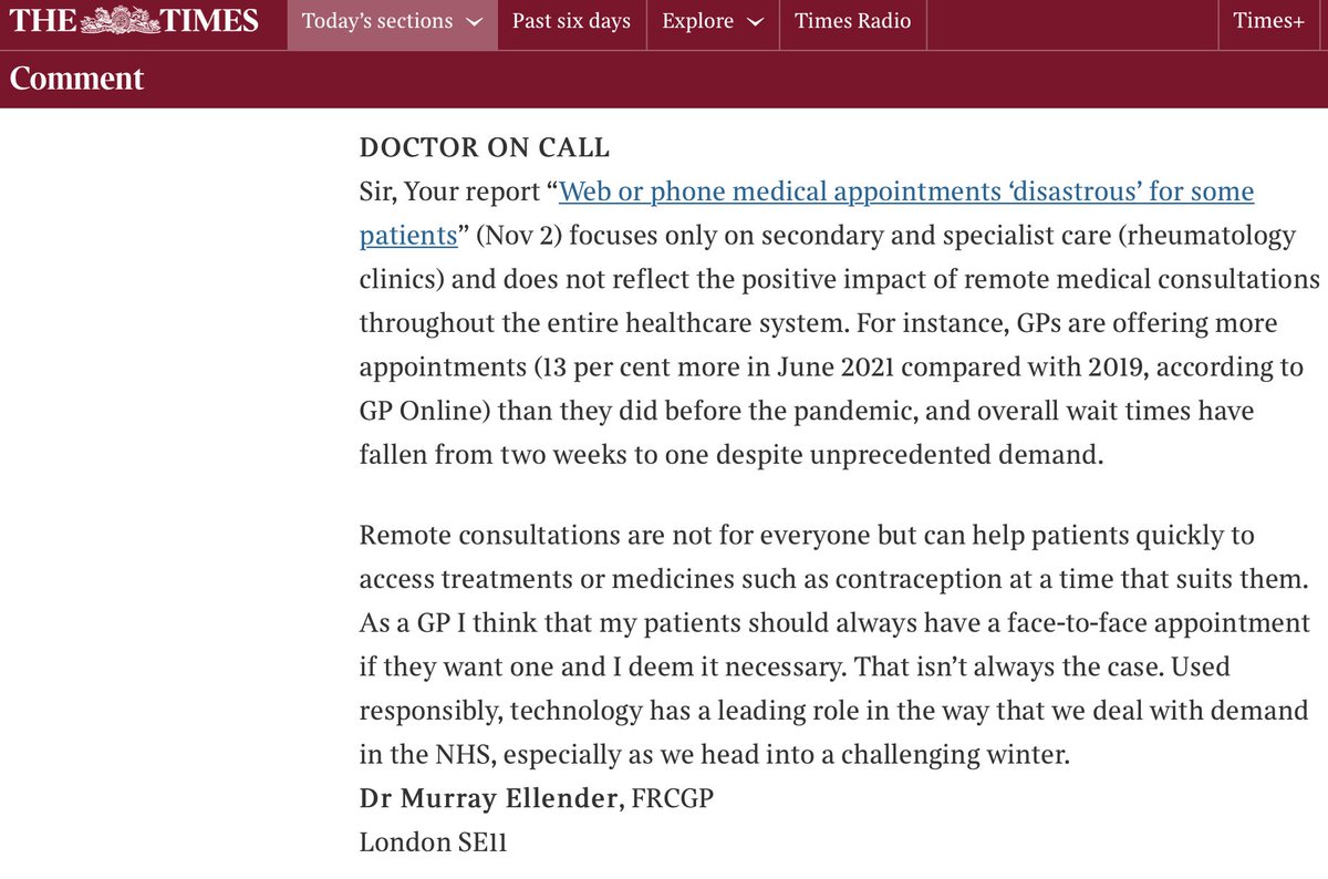 murrayellender's tweet photo. Great to get a letter published in @thetimes today. 
We have proven with @econsult_thinks that remote consultation has a place and adds value for both patients and clinicians. 
Marmite, maybe... but it is a part of the future. 
#teamGP
https://t.co/tecURbp82V https://t.co/JnECndchYA