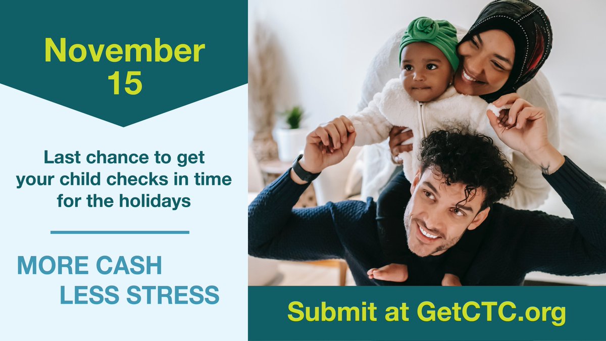 KidsPartnership's tweet photo. Take the stress out of the #holidays! Help parents get their #childchecks and $3,000-$3,600 per child. They need to file by Nov. 15 and get half in advance, the rest in the new year. For this year’s holidays, families deserve more cash and less stress.
▶️ https://t.co/Se8quKzn0G https://t.co/jiJ6IBvIIZ