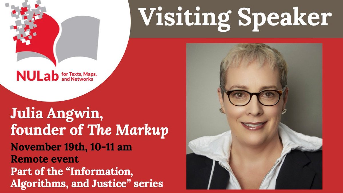 We'll soon welcome Julia Angwin, Pulitzer Prize winner and founder of The Markup, as a visiting speaker! Learn how the powerful take advantage of our digital tech. Don't miss out, RSVP at bit.ly/angwin-nulab to get the link for this remote event!