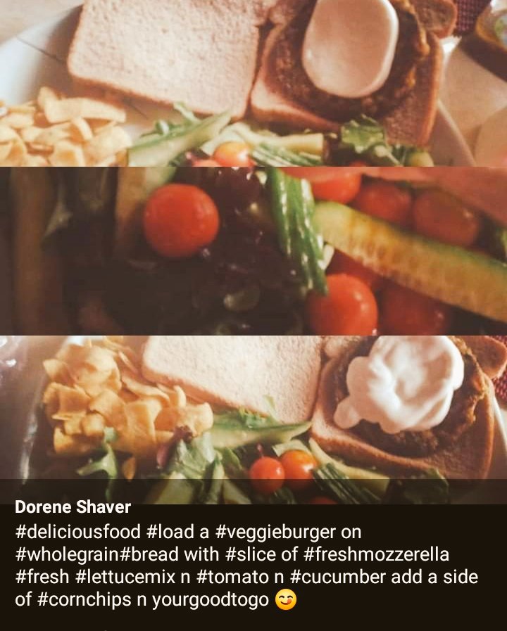 DoreneShaver1's tweet photo. I like my #veggieburger well done n u? Also love fresh veggies umm add some #freshmozzerella n #ranch on #wholegrain #side of #cornchips #delich🍁 https://t.co/Pnn3YsX4Du