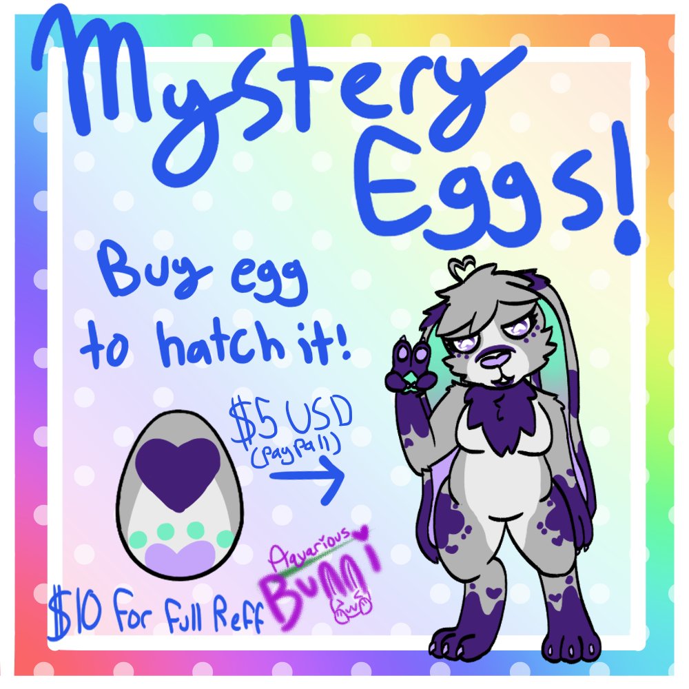 AquariousBunni's tweet image. Alrighty I present some eggy adopts. $5 USD to hatch ^w^  will come with a chibi style front view +$5 to choose species 
You get to pick gender and body type
Retweets greatly appreciated 
#adopts #eggadopts #furryadopts #furry @digitalart