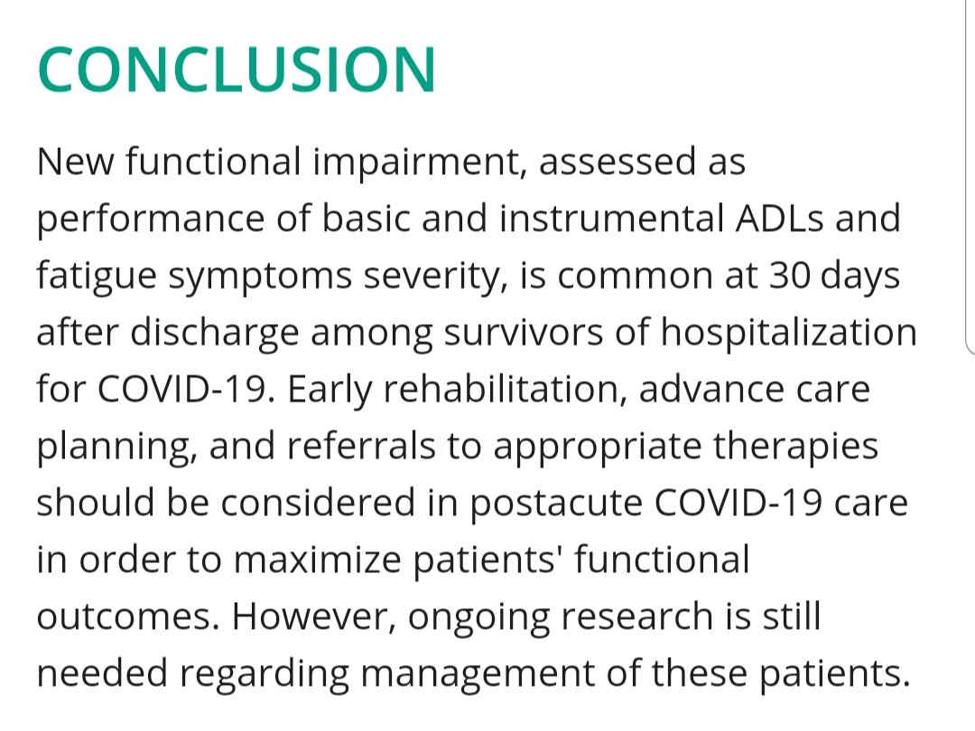 🔥HOT OFF THE PRESS🔥
New functional impairments are COMMON 30 days after discharge among survivors of hospitalization for COVID-19
doi.org/10.1002/pmrj.1…