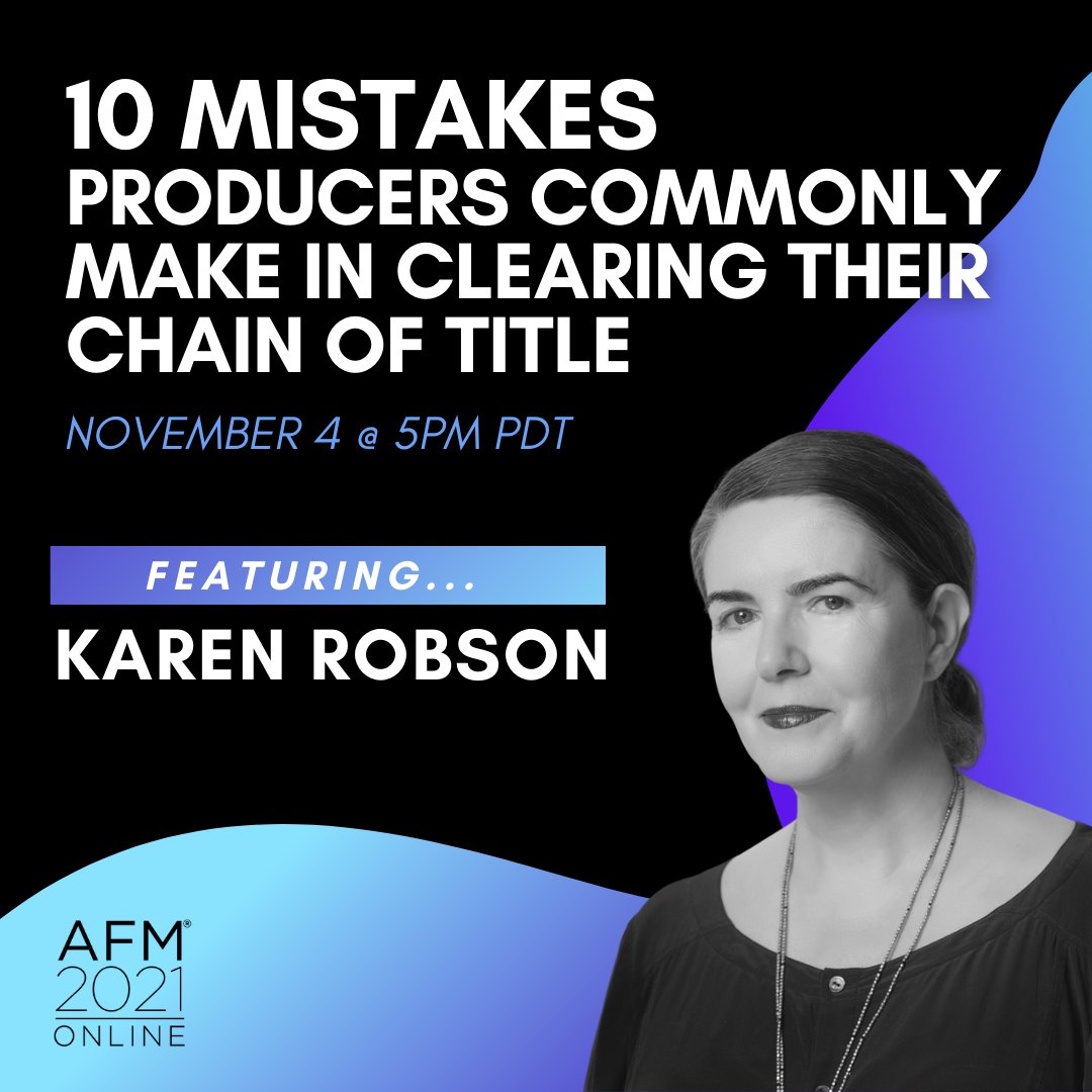 AFMOFFICIAL's tweet photo. What are 10 MISTAKES #Producers commonly make in clearing their Chain of Title? 😮
Karen Robson of @PryorCashman will discuss & help producers avoid these mistakes in the future!
#AFMSessions #filmproduction https://t.co/lJYrLw1aU1