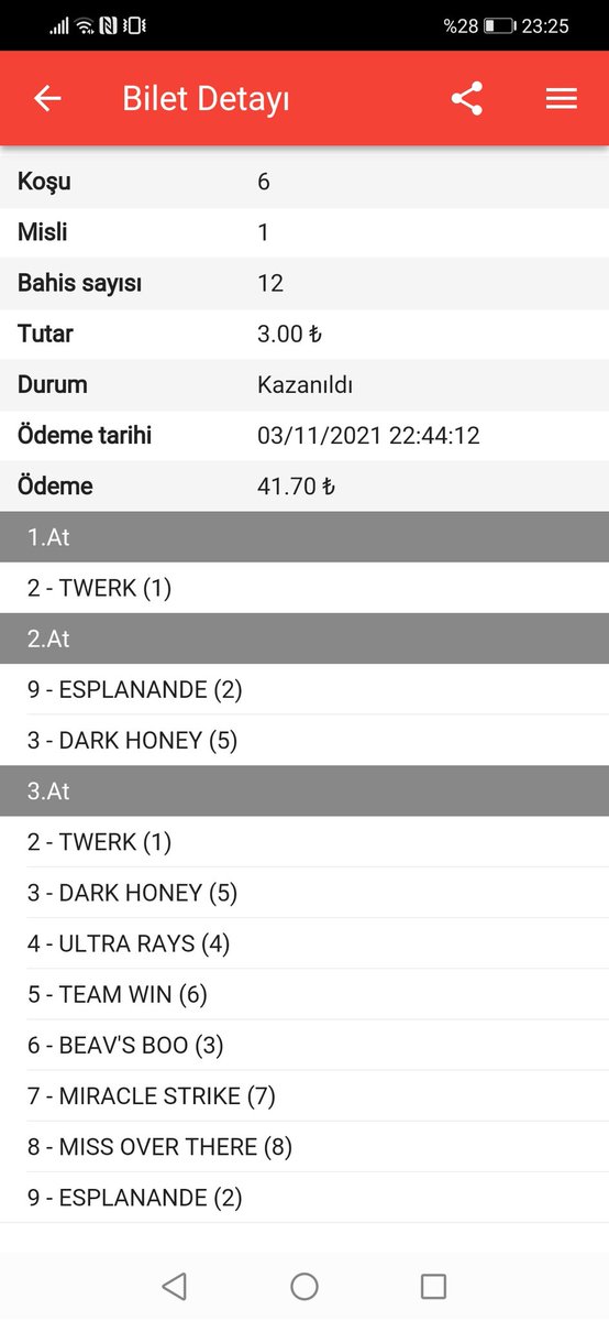 Baybahis2's tweet photo. İlk defa oynadığım bir hipodrom için 8 TL'ye, 142 TL ikramiye hiçte fena değil. Fakat teklerimin çiftesi 109 ganyanmış. Çifte oynamak aklıma gelmediği için üzüldüm.
#altılı #ganyan #atyarışı #tahmin #tjk #MahoningValley https://t.co/CEP0dgvMfX