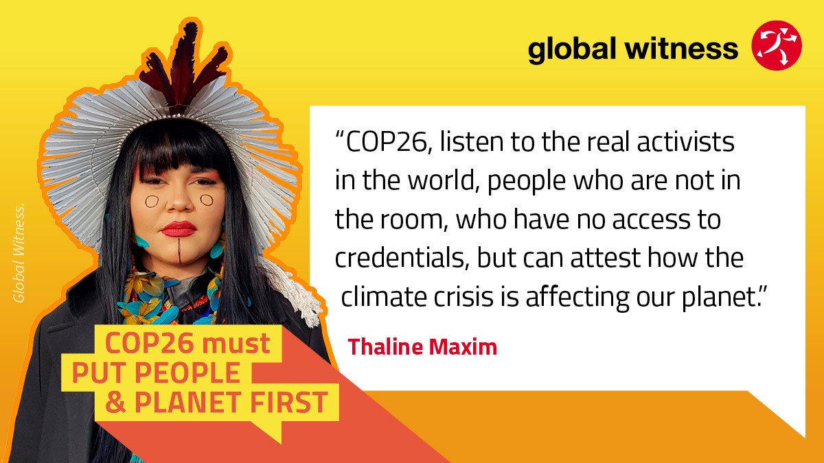 📣<a href="/MaximThatha/">Thaline karajá</a> urges #COP26 leaders to listen to #IndigenousPeoples, protect their rights and their land.

Indigenous communities protect our most precious land containing 80% of the world’s biodiversity and have safeguarded our forests for generations.

gwitness.org/act-now