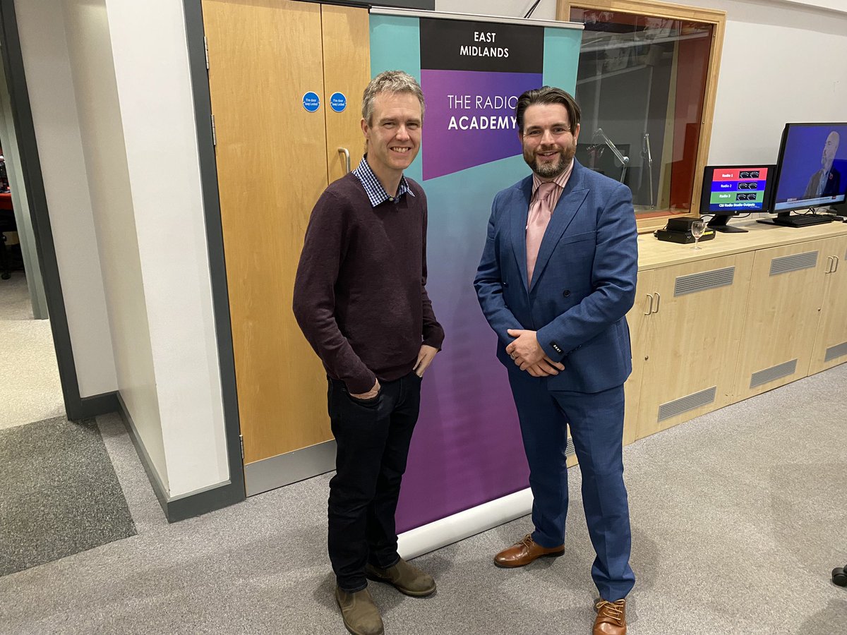 Chair of the East Midlands branch of <a href="/radioacademy/">Audio Academy</a> <a href="/robpersani/">Rob Persani</a> with tonight’s speaker, <a href="/JayCeeRadio/">John Collins</a>, co-author of the Radio Handbook.