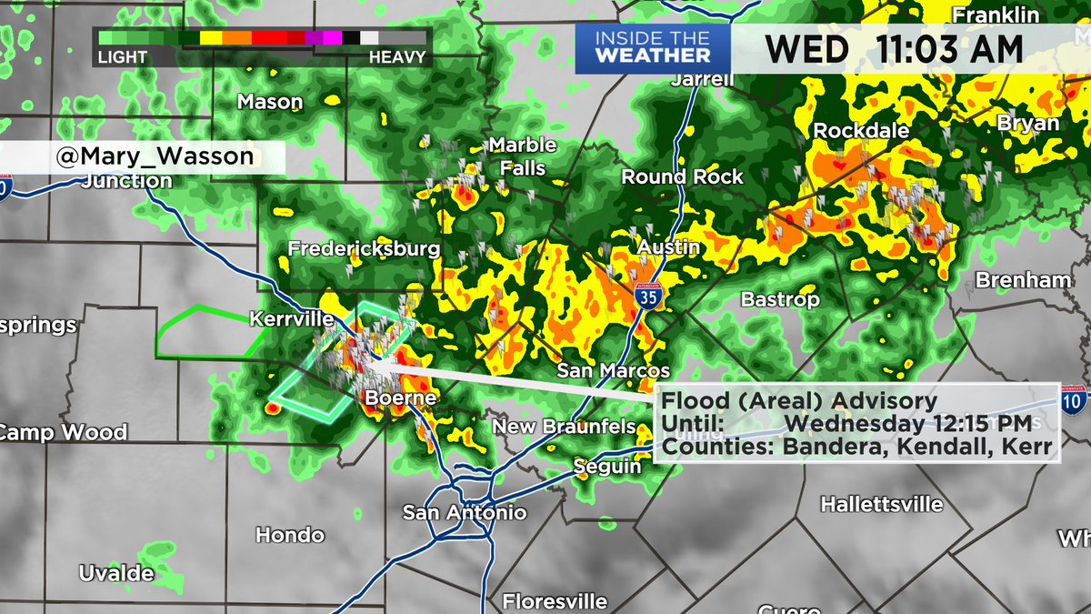 Mary_Wasson's tweet photo. Heavy rain is ongoing across Central and South Texas. Some localized flooding is possible at times. We could also see some lightning mixed in as well. #txwx #ctx #sctx https://t.co/mabOjCiqBu
