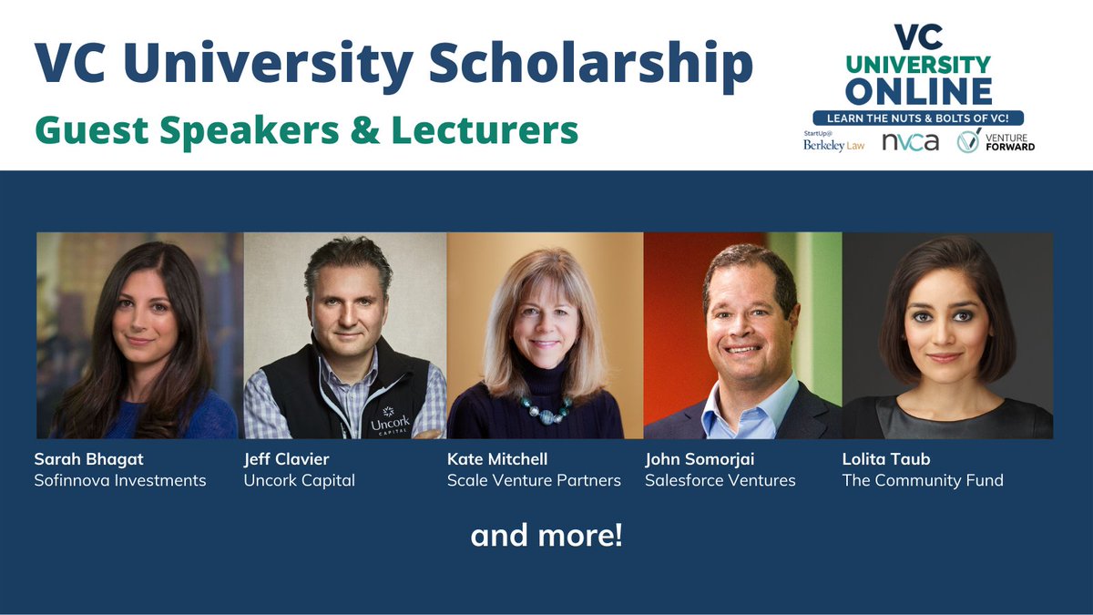 Aspiring/early-career VC from an underestimated background?
 
We're offering FULL scholarships to #VCUniversity ONLINE!
 
Come learn from leaders like @sarahmbhagat,  <a href="/jeff/">Jeff Clavier</a>, <a href="/KateDMitchell/">Kate Mitchell</a>, <a href="/jsomorjai/">John Somorjai</a>,  <a href="/lolitataub/">Lolita Taub</a> + more.
 
Apply by Friday 11/19 venturecapitaluniversity.com/scholarship/on…