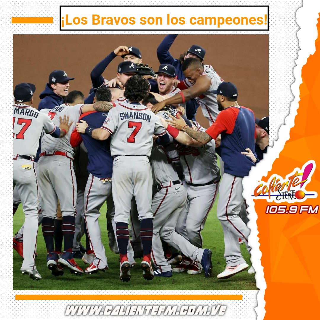 calientestereo's tweet photo. #3Nov

¡LOS BRAVOS SON LOS CAMPEONES DE LA SERIE MUNDIAL!⚾🏆.

El equipo de Atlanta se coronó campeón del Clasico de Otoño de los Estados Unidos al vencer en la serie a los Astros de Houston por 4 juegos contra 2. 

El cubano Jorge Soler fue el jugador más valioso de la serie. https://t.co/85wtapNBIX