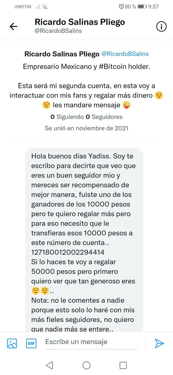 ygv79's tweet photo. Que coraje que halla personas que quieran hacer fraude, para quitarle a alguien un premio, queriendo usar el nombre de un hombre que está compartiendo su fortuna. Cuidado con la cuenta NO verificada de @RicardoBSalinas, está mandando mensaje a sus ganadores queriendo sorprenderlo https://t.co/88EOqDf1Il