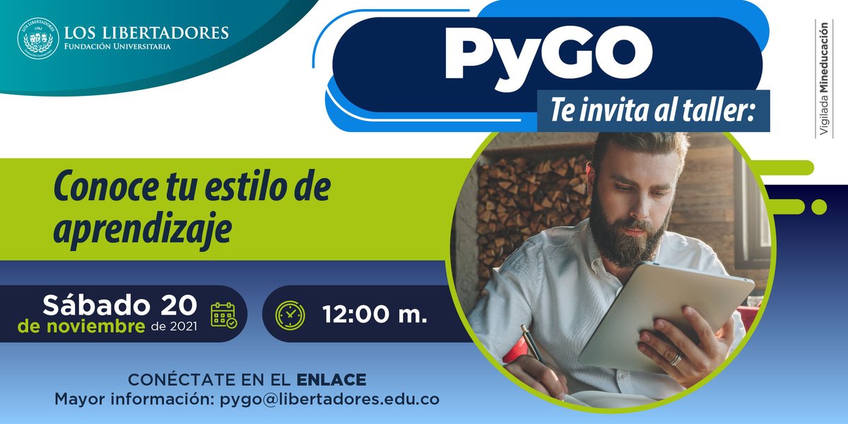 UniLibertadores's tweet image. #PyGO te invita al taller 👉 Conoce tu estilo de aprendizaje

🗓️ 20 de noviembre
⏰ 12:00 m.

Conéctate ➡️ cutt.ly/KR9nyZm
