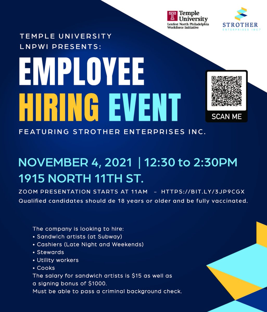 strother_entrp's tweet photo. Don't miss our Employee Hiring Event hosted by Temple University! #hiringevent #hospitalityjobs #jobs #hiring #phillyjobs https://t.co/weuzrrIcdN