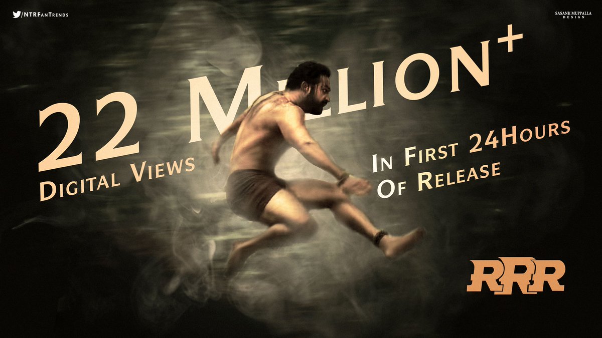 22 Million Digital Views For #RRRGlimpse In First 24 Hours 🌊

Get RRReady For The RRRampage From Jan 7th, 2022 💥

Man Of Masses @tarak9999 👑

Jai NTR ✊

PC : @sasankmuppalla

#KomaramBheemNTR #RRRMovie 
#ManOfMassesNTR @RRRMovie