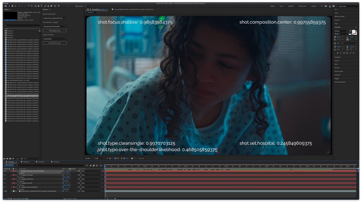 _vade's tweet photo. Have a Panel UI for Synopsis analysis JSON parsing in After Effects now. This is a nice (albeit slow) environment to debug but also explore inference results.

Really proud of the work @rsomani95 has been doing on improving our model. Note how the composition tracks focus A+. https://t.co/2Ny21v7Dos