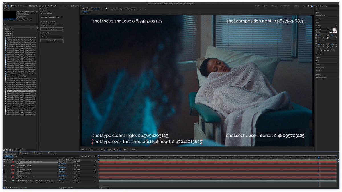 Have a Panel UI for Synopsis analysis JSON parsing in After Effects now. This is a nice (albeit slow) environment to debug but also explore inference results.

Really proud of the work <a href="/rsomani95/">Rahul Somani</a> has been doing on improving our model. Note how the composition tracks focus A+.