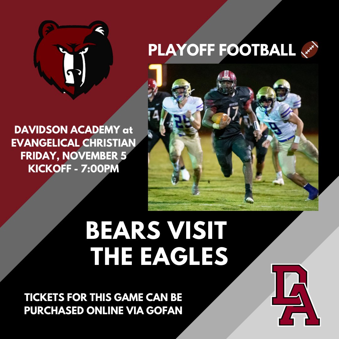 Davidson Academy (@davidsonacademy) on Twitter photo Playoff action for <a href="/BearsDavidson/">Davidson Academy Football</a> starts this FriDAy at 7pm on the road at Evangelical Christian. Make the trip to Cordova and cheer on the Bears! Tickets available through GoFan.
gofan.co/app/events/434…
#theDAway #playoffs #3peatchamps #championspreparehere #acceptthechallenge Playoff action for <a href="/BearsDavidson/">Davidson Academy Football</a> starts this FriDAy at 7pm on the road at Evangelical Christian. Make the trip to Cordova and cheer on the Bears! Tickets available through GoFan.
gofan.co/app/events/434…
#theDAway #playoffs #3peatchamps #championspreparehere #acceptthechallenge