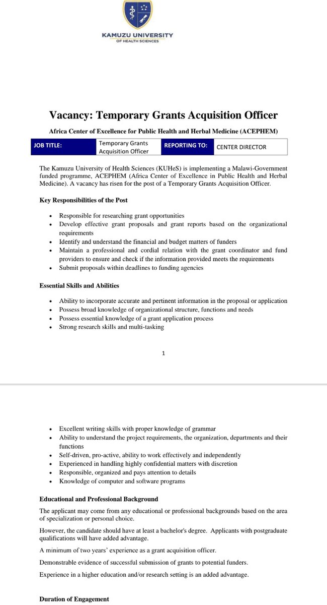 ACEPHEM1's tweet photo. We are recruiting for the position of: Temporary Grants Acquisition Officer. https://t.co/GAofU1lTpe