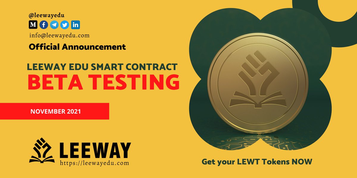 We are delighted to announce that Leeway Educational Smart Contract Beta Testing is ongoing. 
We are getting set for the pre-launch of one of our major aspects of the Leeway Ecosystem.
Join the Private Sale Round III and Purchase Leeway Tokens today.
forms.gle/LGwK3SEeU3b9rU…