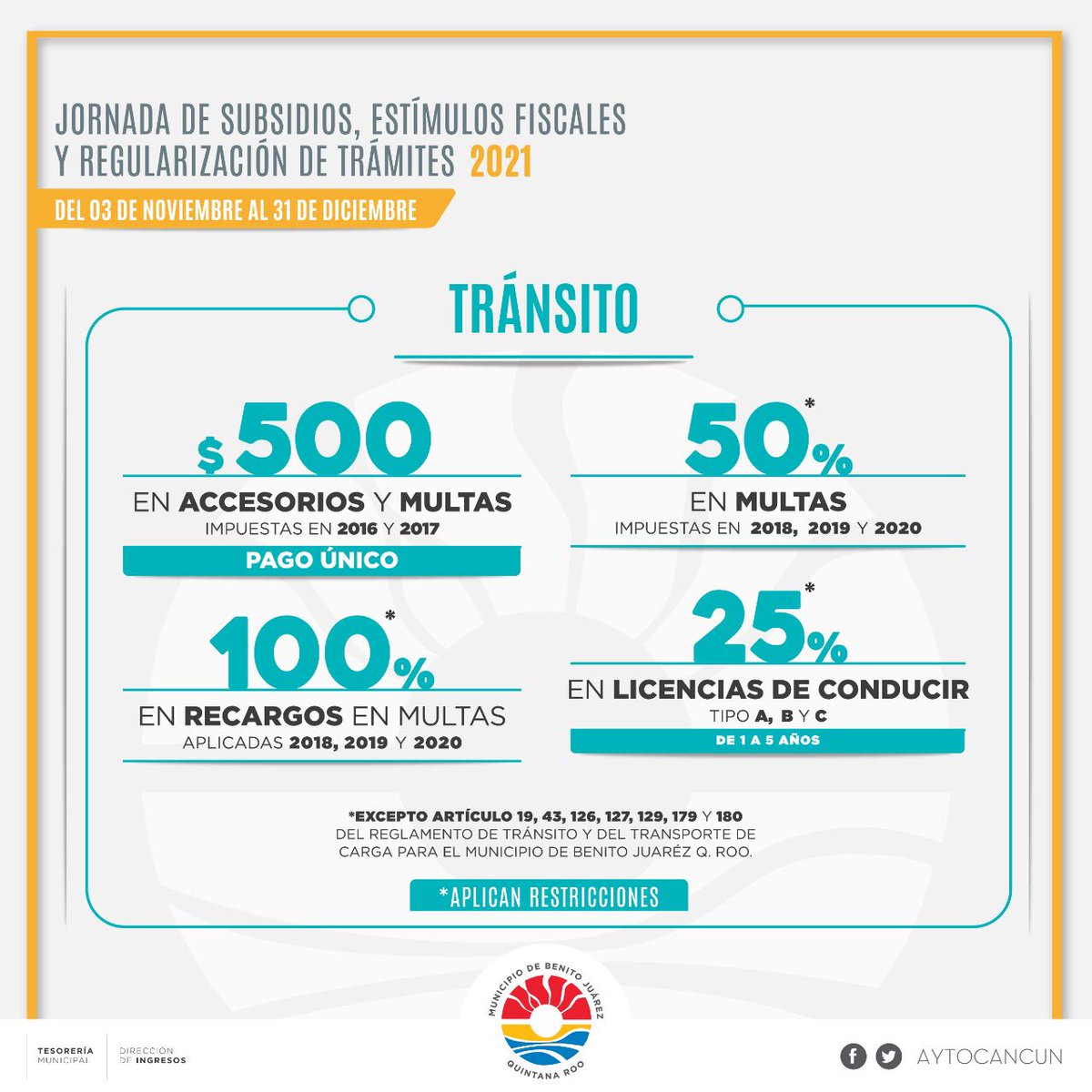 AytoCancun's tweet photo. Aviso Importante.⚠️

🗓Del 3 de noviembre al 31 de diciembre aprovecha los descuentos que ofrecemos en diferentes trámites y servicios en la Jornada de Subsidios y Estímulos Fiscales y Regularización de Trámites 2021.
¡El momento es ahora!

#TierraDeEsperanza https://t.co/TQi6FQuhf6