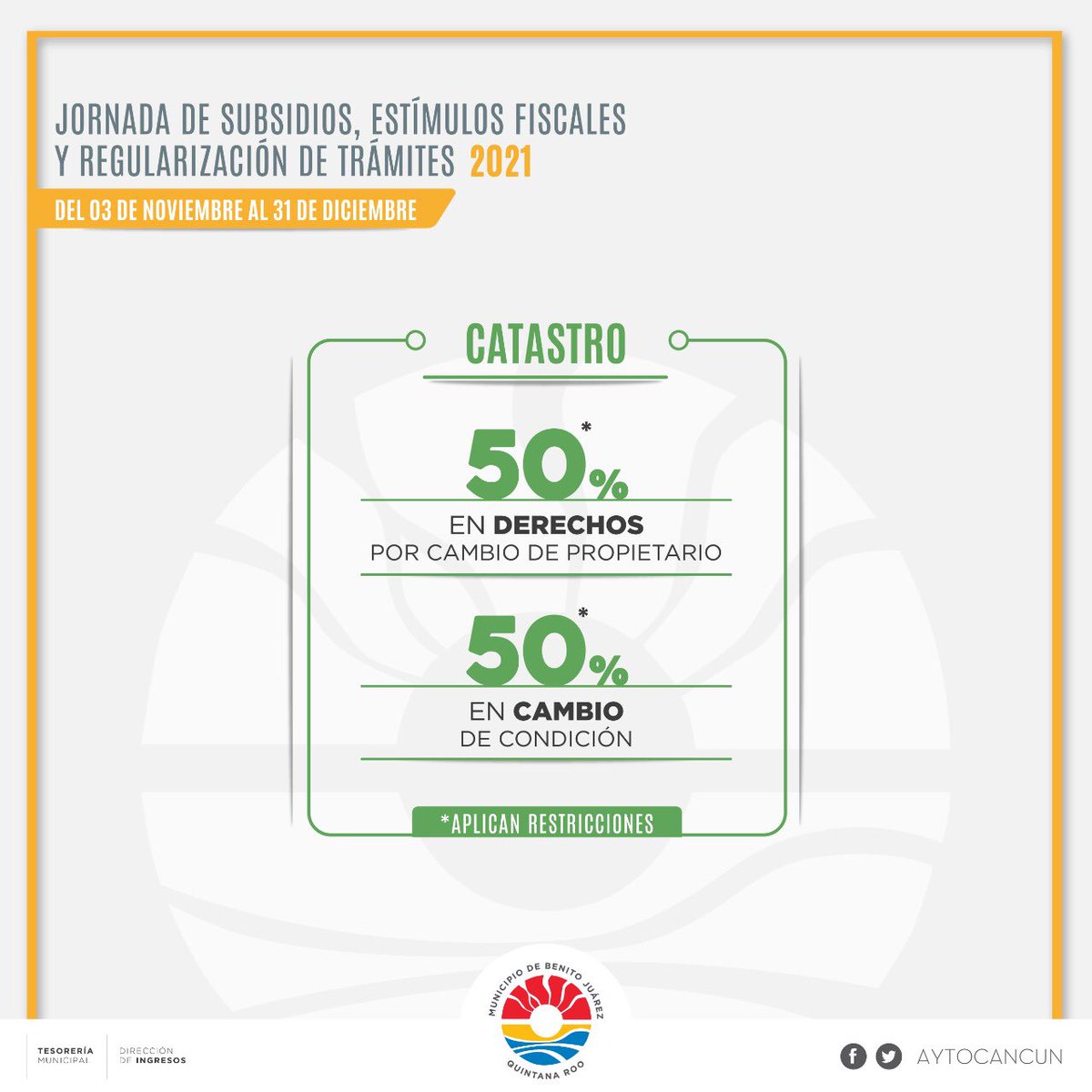 AytoCancun's tweet photo. Aviso Importante.⚠️

🗓Del 3 de noviembre al 31 de diciembre aprovecha los descuentos que ofrecemos en diferentes trámites y servicios en la Jornada de Subsidios y Estímulos Fiscales y Regularización de Trámites 2021.
¡El momento es ahora!

#TierraDeEsperanza https://t.co/TQi6FQuhf6