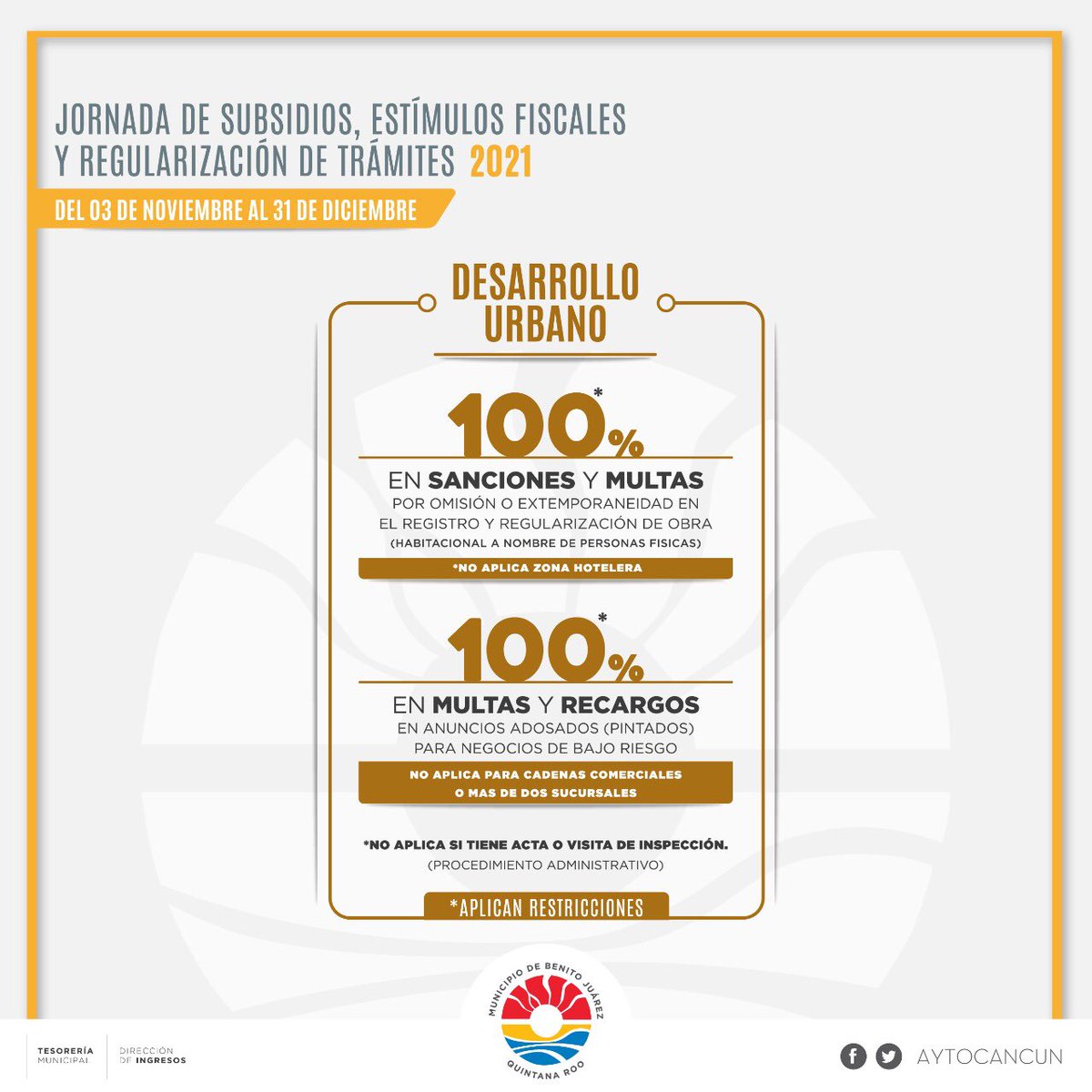 AytoCancun's tweet photo. Aviso Importante.⚠️

🗓Del 3 de noviembre al 31 de diciembre aprovecha los descuentos que ofrecemos en diferentes trámites y servicios en la Jornada de Subsidios y Estímulos Fiscales y Regularización de Trámites 2021.
¡El momento es ahora!

#TierraDeEsperanza https://t.co/TQi6FQuhf6