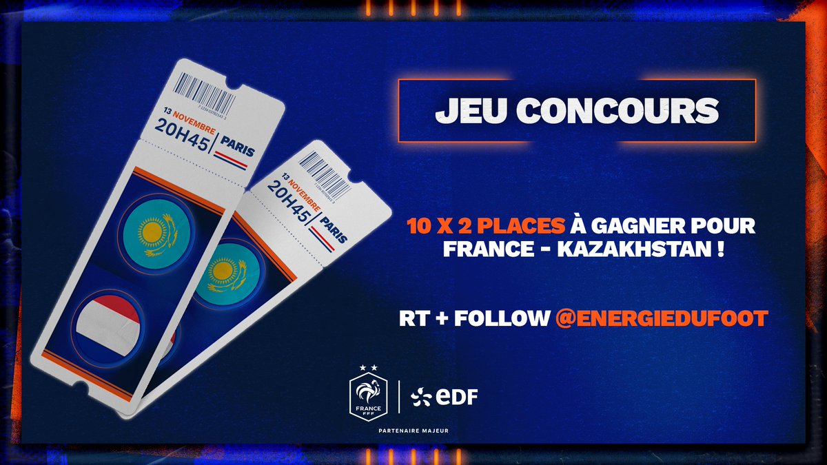 EDF_Foot's tweet photo. 🎫 𝐉𝐄𝐔 𝐂𝐎𝐍𝐂𝐎𝐔𝐑𝐒 🎫

10 x 2 places sont à gagner pour la dernière rencontre de l'Equipe de France à domicile en 2021 ! Pour tenter votre chance :
1️⃣ RT cette publication
2️⃣ Suivez le compte @energiedufoot

TAS le 10 novembre à 18h ! Bonne chance à tous 🤞 #EnergieduFoot https://t.co/38NaTWhrFl