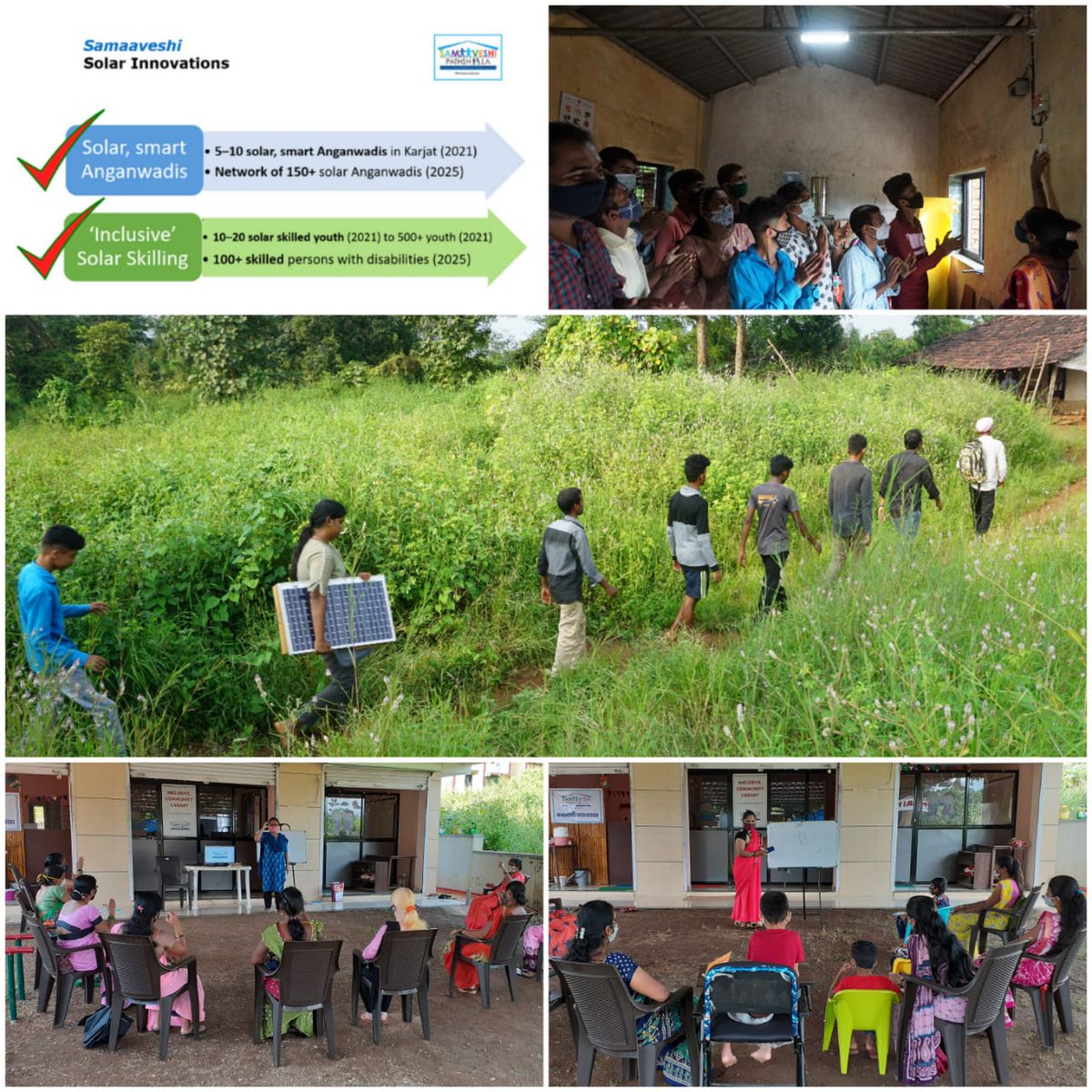 samaaveshi's tweet photo. SAMAAVESHI: OCT 2021 REPORT

1. Inclusive #solar_skilling(1-8 Oct)
2. Open-air classes for G1
3. Training with 30 Anganwadi teachers
4. Dussehra food + stationery to 30 students
5. Two teachers begin 6-month course on inclusive-ed, with Aatman Academy. 

https://t.co/VKRnbim5hP https://t.co/DvX57j6V3A
