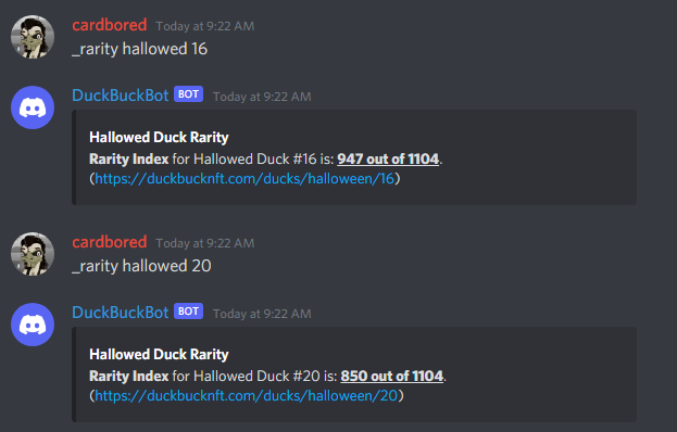 duckbucknft's tweet photo. Rarity Bot is live in our Discord!  Check the rarity of your Hallowed Ducks against the entire run!

Thank you to @CryptoDev83 for quackin' that out. https://t.co/4SzpJ5iD68