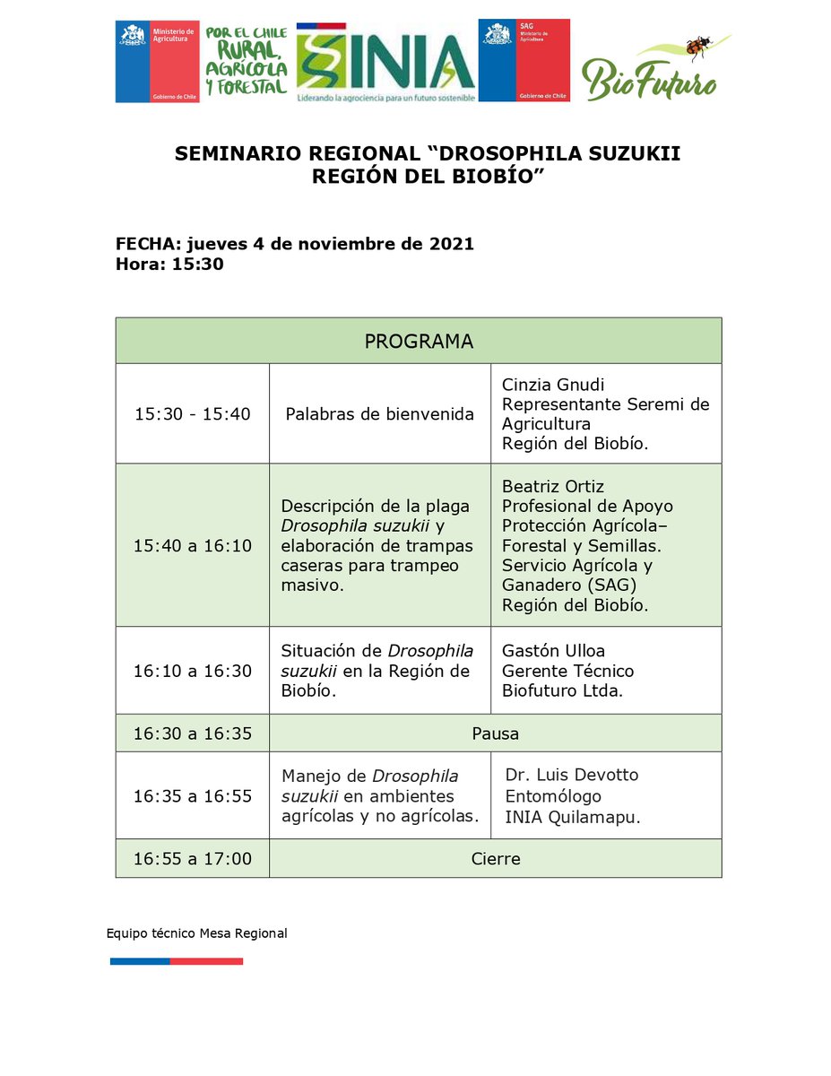CTCBINIA's tweet image. Seminario mañana jueves 4!! INIA, SAG e INDAP, bajo la coordinación de @MinagriBioBio, organizaron este evento especialmente pensado para combatir la #drosophilasuzukii en ciudades, pueblos, patios de casas, huertas familiares, etc. 
El link para conectarse está en adjunto👇👇