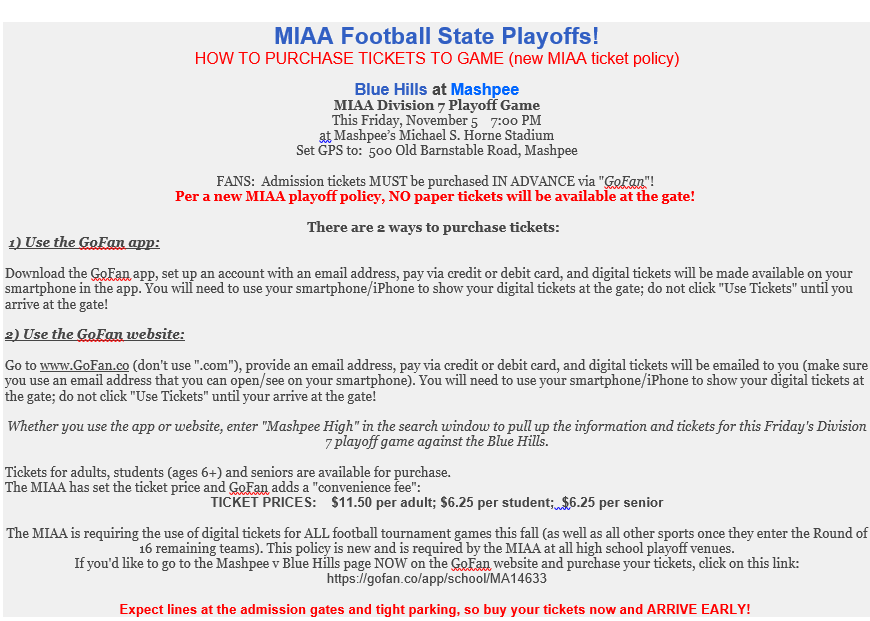 MashpeeAthletic's tweet photo. MIAA Ticket Purchasing Steps For Friday's Football Game vs. Blue Hills- 7:00 
@BlueHillsFootb1 
@bhrtech https://t.co/44yyzTsLAk