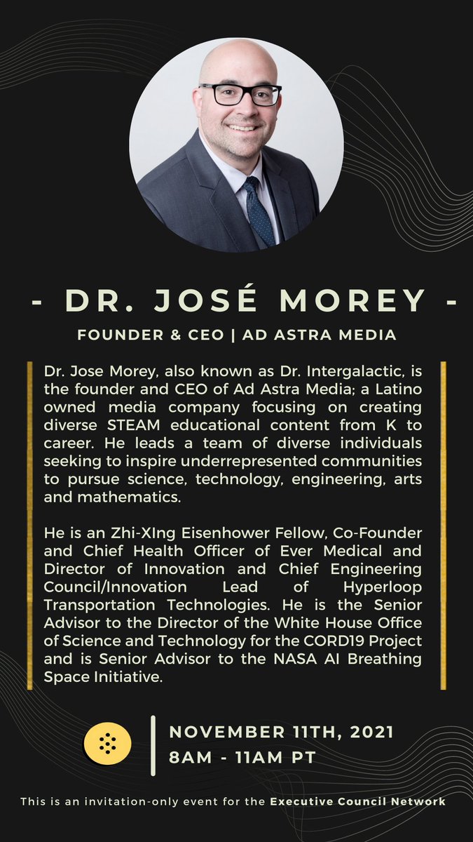 ECNSpotlight's tweet photo. We are proud to present @DrMorey1, founder and CEO of Ad Astra Media, as a premier speaker for ECN’s Q4 #ExecutiveSummit: Innovation Outlook for 2022.

This event is #exclusive for #ExecutiveCouncilNetwork #ECNMembers. To request an invitation, send a DM @wendyhowell711 https://t.co/bGdbxJYmTc