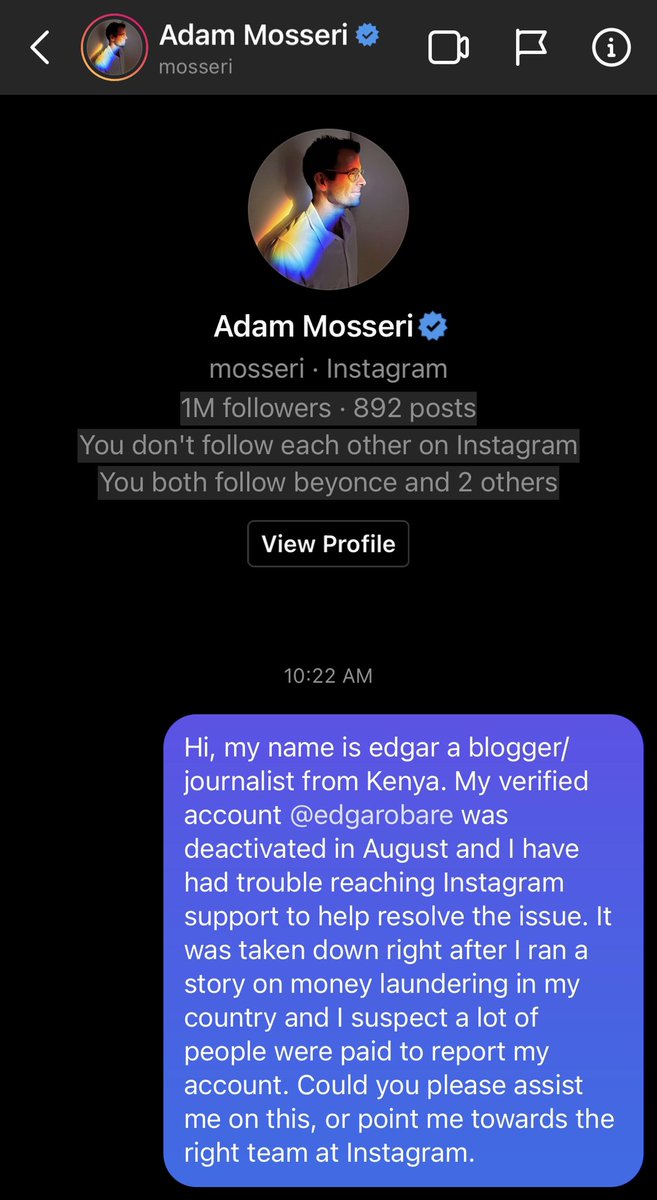 Can I please get my deactivated verified Instagram account back ”<a href="/edgarobare/">Edgar Obare</a>” . Please help me Retweet. Thanks 🙏 <a href="/instagram/">Instagram</a> <a href="/InstagramComms/">Instagram Comms</a> <a href="/Meta/">Meta</a> <a href="/mosseri/">Adam Mosseri</a>