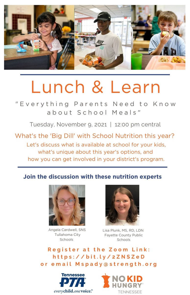 NoKidHungryTN's tweet photo. Looking forward to hosting the upcoming Lunch and Learn next Tuesday Nov. 9th for Parents to Learn more about School Meals from some of our Experts in the state  @AngCardwell82 @FCPSnutrition Register below! https://t.co/5huU38KXgl