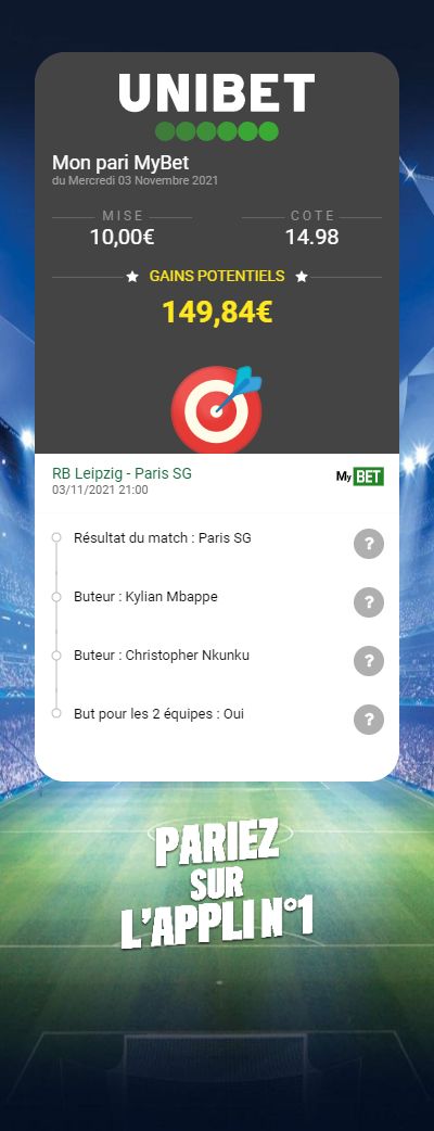 UnibetFrance's tweet photo. 📲 Le #MyBET du CM pour #RBLPSG

👀 Unibet partage les gains à 5 d'entre vous dans les RT si ça ne passe pas 😉 https://t.co/FRb6tNmckl