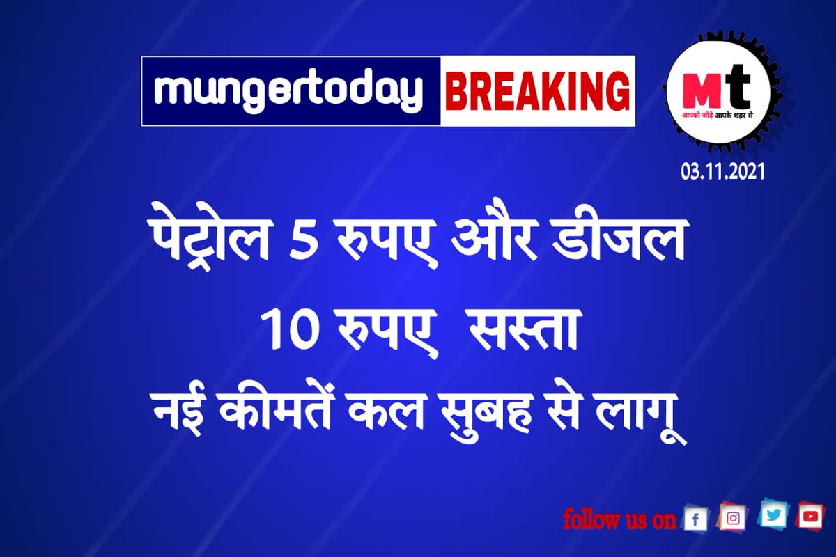 MungerToday's tweet photo. पेट्रोल 5 रुपए और डीजल 10 रुपए सस्ता।
नई कीमतें कल सुबह से लागू।
#Petrol #Deasel #munger #mungernews #Bihar #MungerToday https://t.co/5L7B79onBz