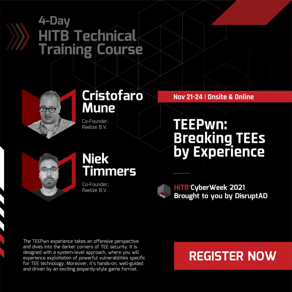 raelizecom's tweet photo. We are really looking forward to give our #TEEPwn experience at the #HITBCyberWeek in Abu Dhabi.

This offensive experience is excellent for anybody interested in Trusted Execution Environment (TEE) security.

More details are provided in this thread: https://t.co/3EHR9EYSec https://t.co/c4f6xaXo07