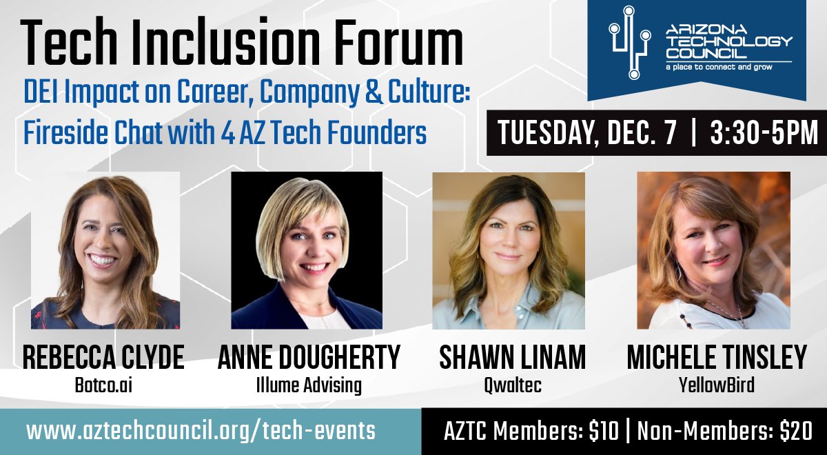 Register for <a href="/aztechcouncil/">aztechcouncil</a>’s next Tech Inclusion Forum on Dec. 7 to hear the inspirational women founders of <a href="/botcoai/">botco.ai</a>, @IllumeAdvising, <a href="/Qwaltec/">Qwaltec</a> and <a href="/goyellowbird/">YellowBird</a> share how #DEI has influenced their career journey and company culture: aztechcouncil.org/tech-events.