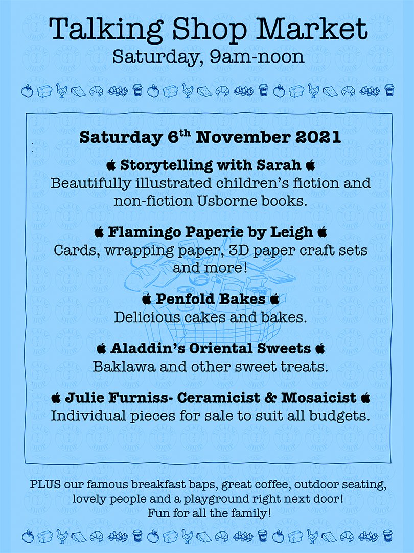 TalkingShopSand's tweet image. Lots of lovely stalls at our market on Saturday. Drop in 9am-noon for children's books from Storytelling with Sarah, cards &amp;amp; wrapping paper by Flamingo Paperie, cakes and bakes by Penfold Bakes, baklawa from Aladdin's Oriental Sweets, and ceramics and mosaics by Julie Furniss.