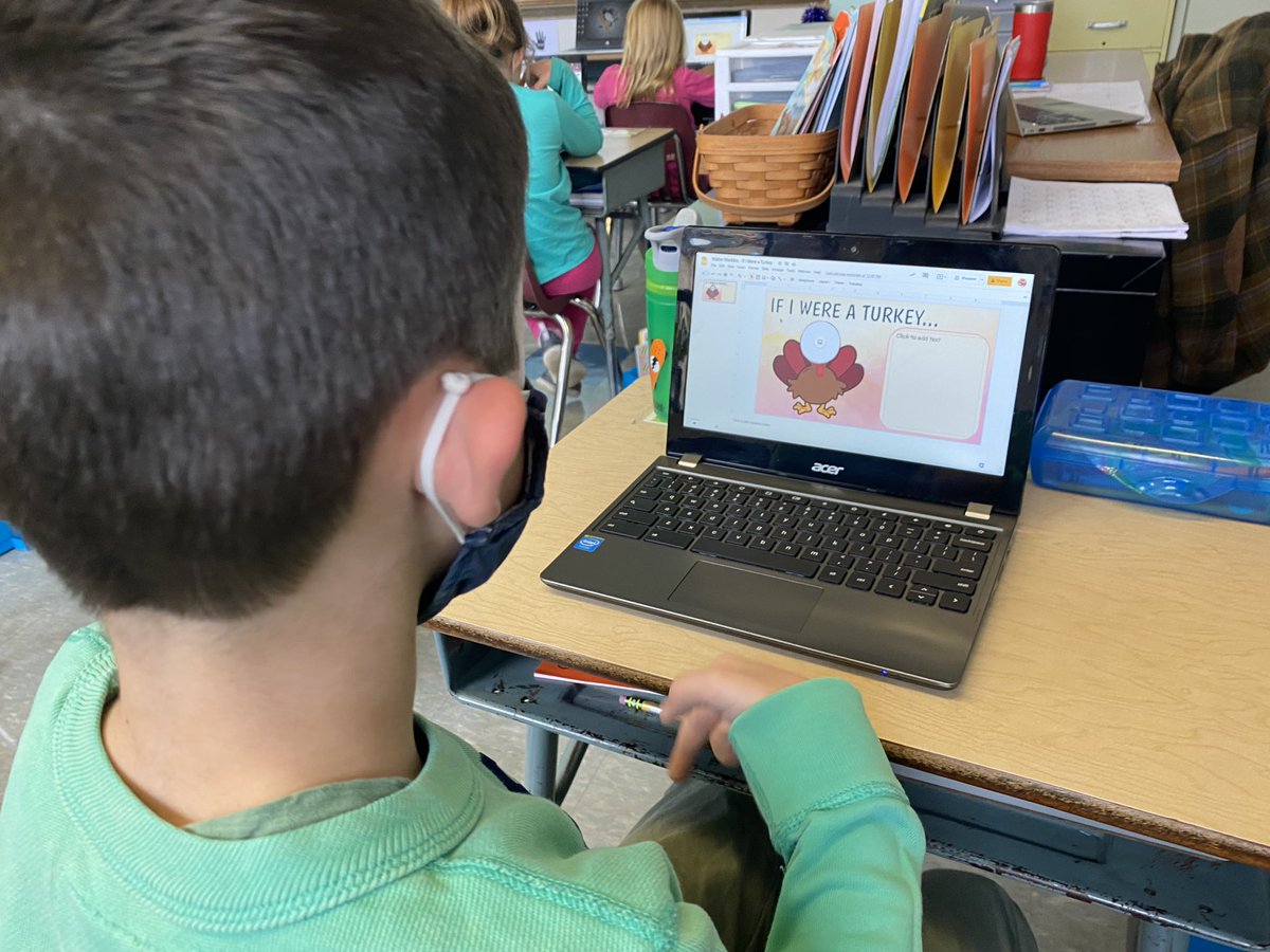 PDESecretary's tweet photo. Today, I had the pleasure of visiting @BellefonteASD to see firsthand digital learning taking place in the classroom. The 2nd grade students I joined customized a template to answer the prompt, “What would you do if you were a turkey?” https://t.co/h86hq2pGA1