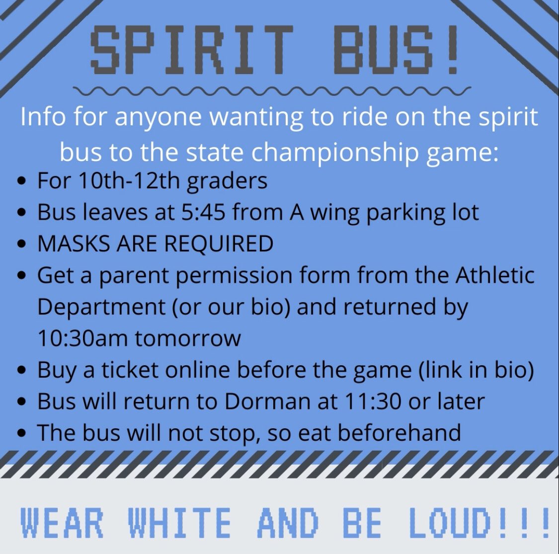 DormanVB's tweet photo. Big day tomorrow! We play River Bluff tomorrow for the Region II 5A STATE CHAMPIONSHIP! There is a here is some information that you need to know for the game! Hope to see everyone in the stands wearing white and being loud! https://t.co/P4mcOhDF0I