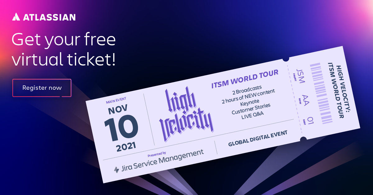 Atlassian's tweet photo. You’re invited to the High Velocity: ITSM World Tour on Nov. 10. See how Atlassian customers @LHTechnik, @saintgobain, @Ginkgo, and @BelongAU scaled their service management. Plus, get tips for success and learn how to unlock high-velocity teams: https://t.co/T6jIPLYjJu https://t.co/gwzzF5TOn2