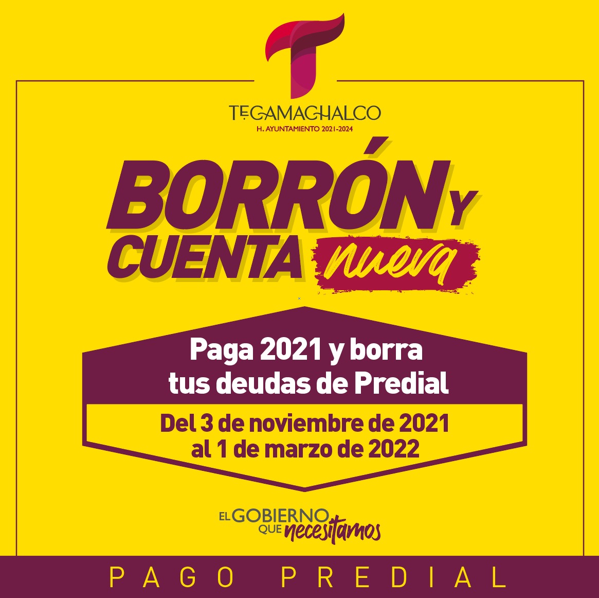 HTecamachalco's tweet photo. Recuerda que hoy inicia el programa  "Borrón y Cuenta Nueva", acude a las instalaciones del Palacio Municipal, paga 2021 y borra tus deudas de predial.

#ElGobiernoQueNecesitamos https://t.co/dPYtDEuFgx