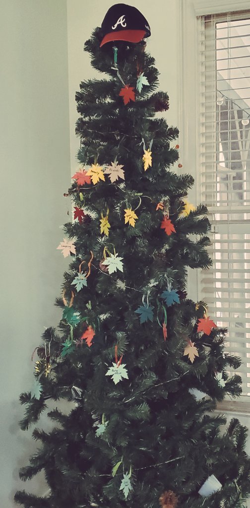 The Gratitude Tree- a family tradition I started 3 years ago (much to the dismay of my kids)- returned today. This year she has a tree topper. Go <a href="/Braves/">Atlanta Braves</a> !