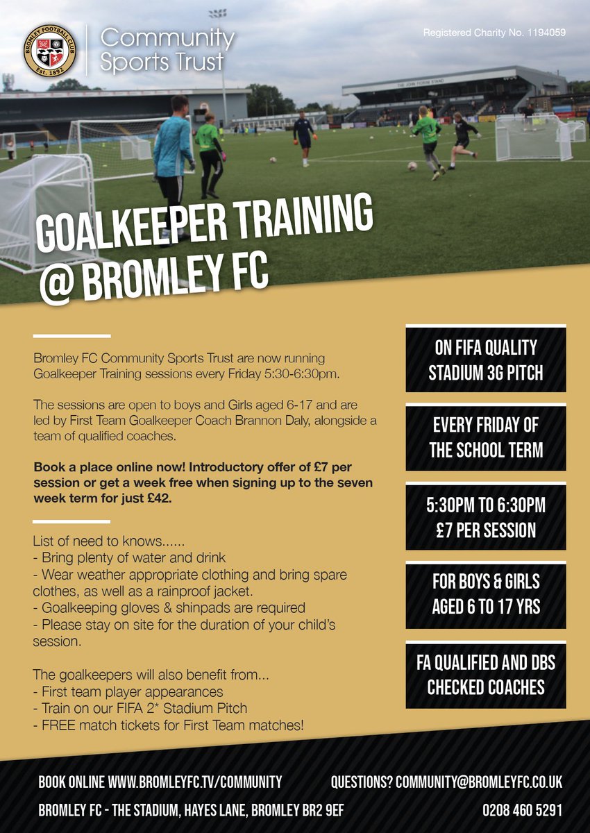 BromleyFCTrust's tweet photo. 🧤 𝙂𝙊𝘼𝙇𝙆𝙀𝙀𝙋𝙀𝙍 𝙏𝙍𝘼𝙄𝙉𝙄𝙉𝙂

New sessions every Friday 5:30-6:30pm open to boys &amp; girls aged 6-17 and are led by @bromleyfc First Team GK Coach Brannon Daly, alongside a team of qualified coaches.

Details &amp; online booking 👉 https://t.co/1THhAJAbgB

#WeAreBromley https://t.co/H5YHwWmG9Y