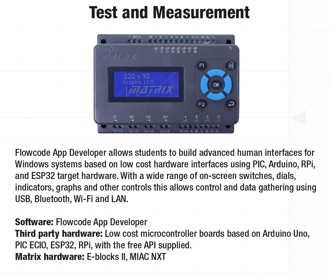 MatrixFlowcode's tweet image. Flowcode App Developer allows students to build advanced human interfaces for Windows systems based on low cost hardware interfaces using PIC, Arduino, RPi, and ESP32 target hardware. With a wide range of on-screen switches, dials, indicators, graphs and other controls.