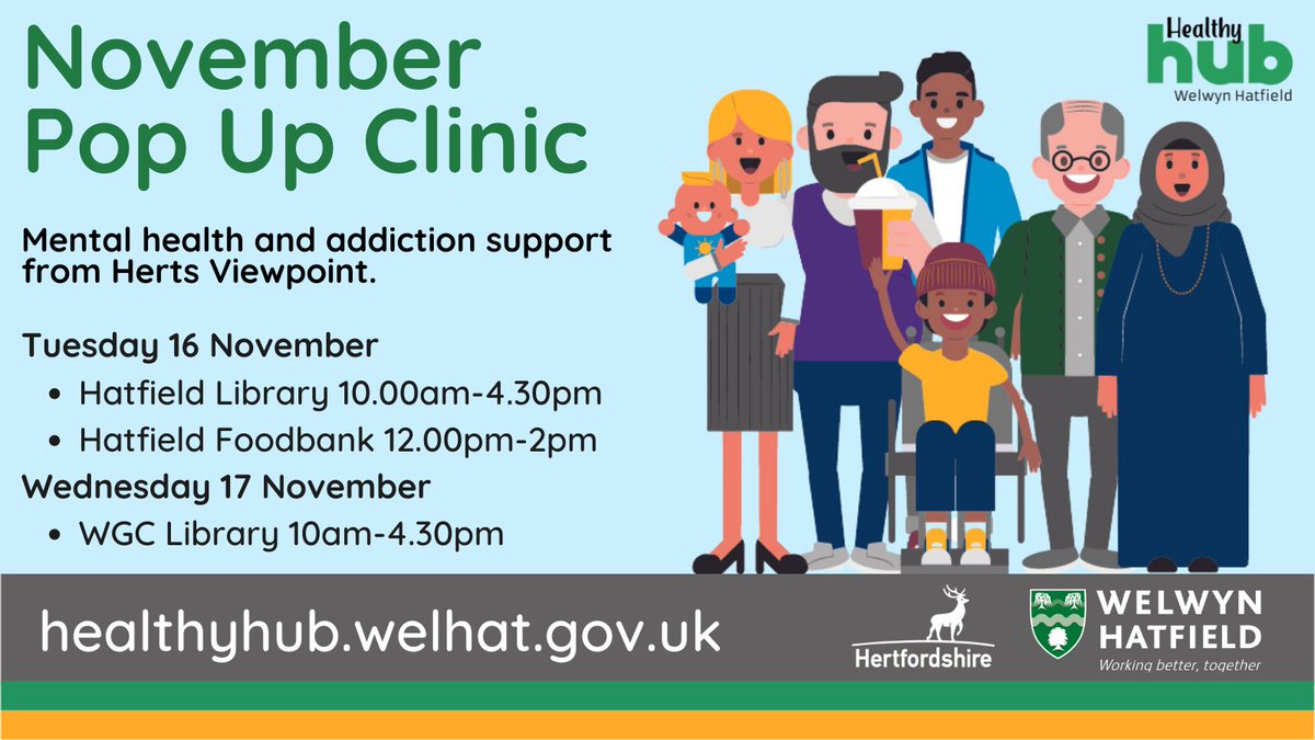 Looking for support with a health or wellbeing problem?
Talk to the staff from the @HealthyHubeh, <a href="/Hertsviewpoint/">Viewpoint</a> and <a href="/MindInMidHerts_/">Mind in Mid Herts</a> at the Healthy Hub Pop Up Clinic in Hatfield Library on the 16th of November.

#Hatfield #HealthyHub