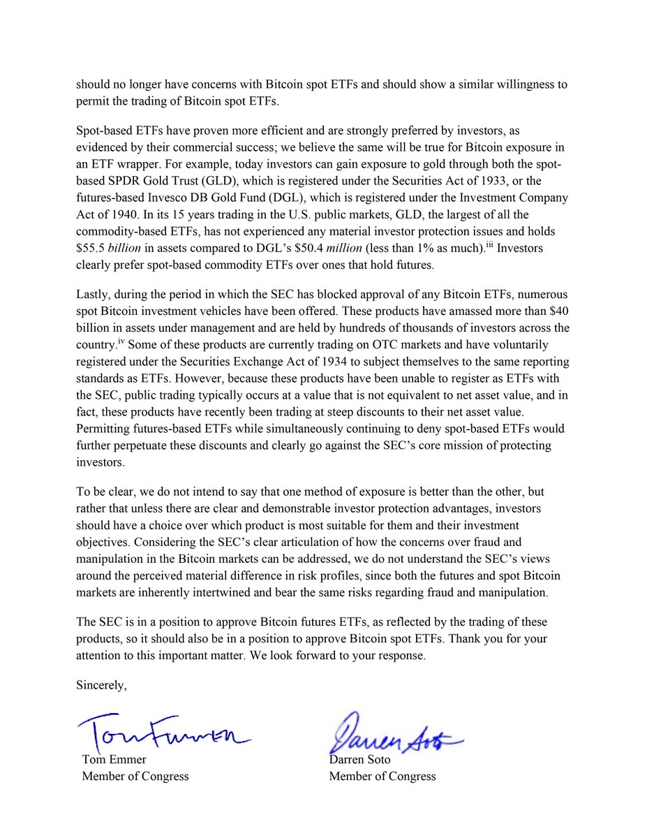 Today I sent a letter to <a href="/GaryGensler/">Gary Gensler</a> with my <a href="/blockcaucus/">Blockchain Caucus</a> co-chair <a href="/RepDarrenSoto/">Rep. Darren Soto</a> about Bitcoin ETFs. It doesn’t make sense that Bitcoin futures ETFs are allowed to trade but Bitcoin spot ETFs are not.