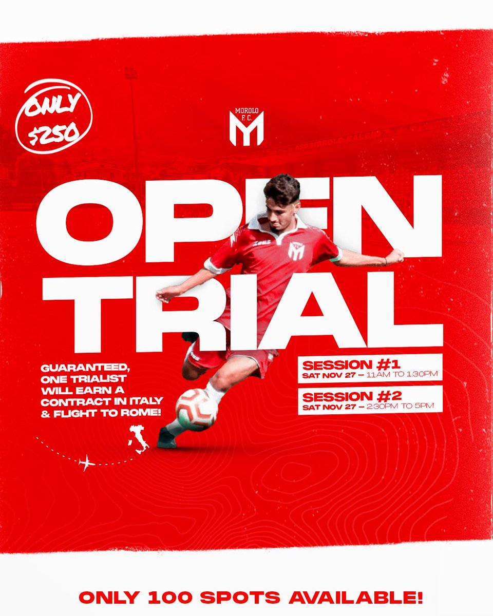 ApexIFC's tweet photo. ⚽️ Toronto Open Trial for a Contract in Italy! 🇮🇹⚽️ ONE player GUARANTEED will earn a contract &amp; flight to Rome. ✈️ Only 1️⃣0️⃣0️⃣ spots available, so sign up now by visiting: https://t.co/mmmzqKzsLi 🔗 Morolo FC, Canada’s 🇨🇦 team in Italy 🇮🇹! https://t.co/6WZ7dIdicT