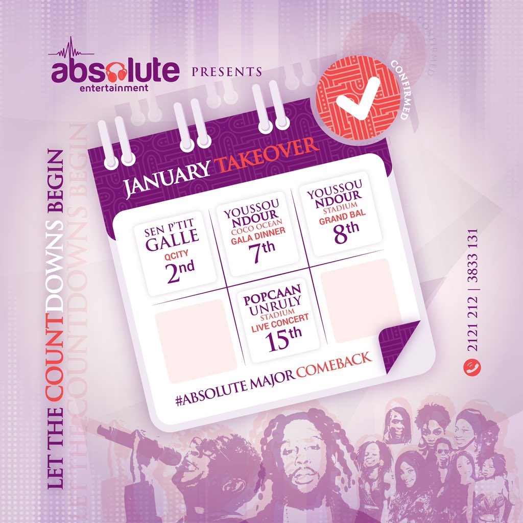 BBlackBarbie's tweet image. The wait is OVER!
ABSOLUTE WEEKEND 4.0✅
Youssou Ndour and Le Super Etoile LIVE #TheComeBack
#AbsoluteCalendar 
#AbsoluteWeekend
#ClassicGala
#Grandbal
-
DATES:  7th &amp;amp; 8th January 2022
-
More info coming soon!