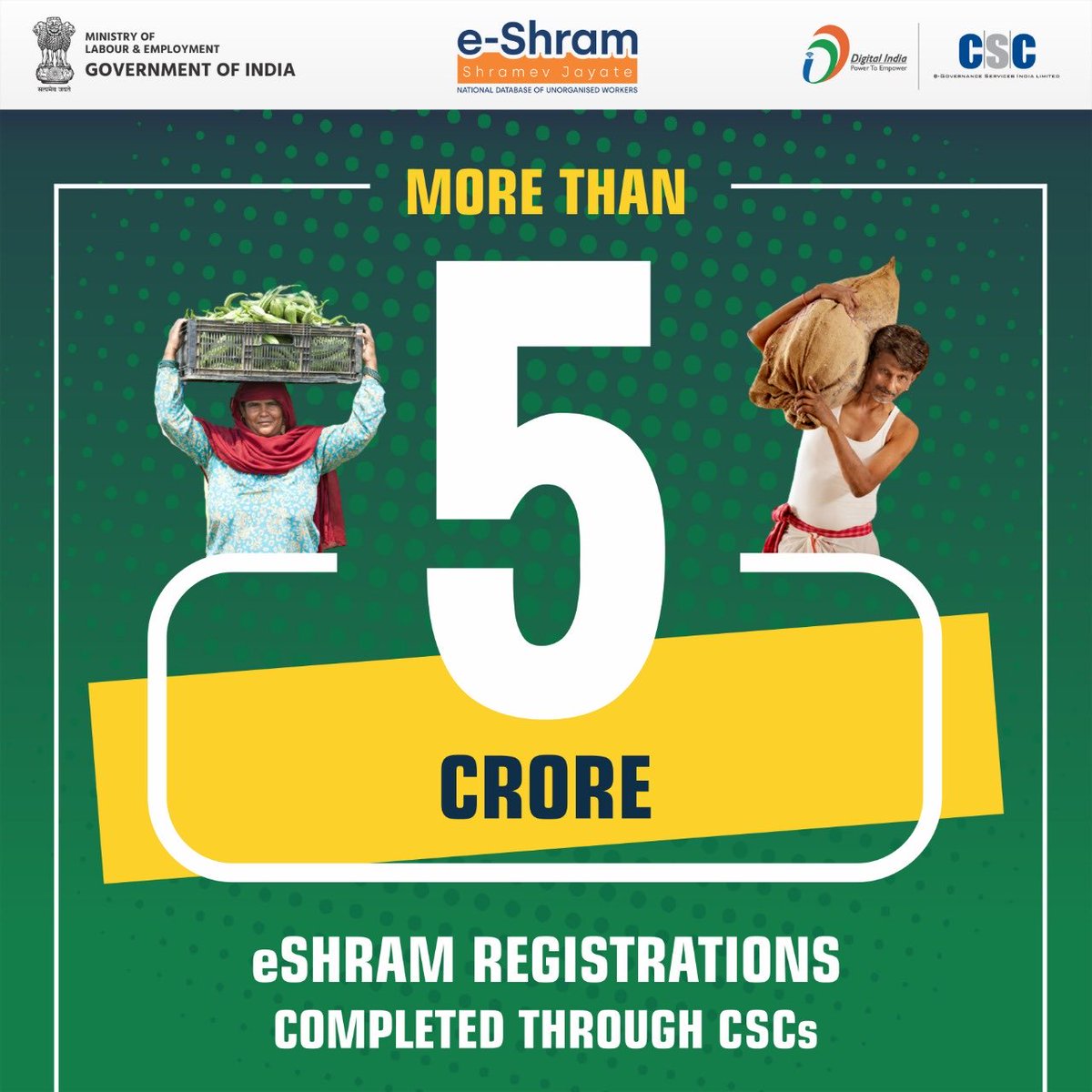 dintya15's tweet photo. Today completed 5 crore registrations in eShram through CSCs !!
Congratulations to all of CSC VLE https://t.co/pozMAjYNDp